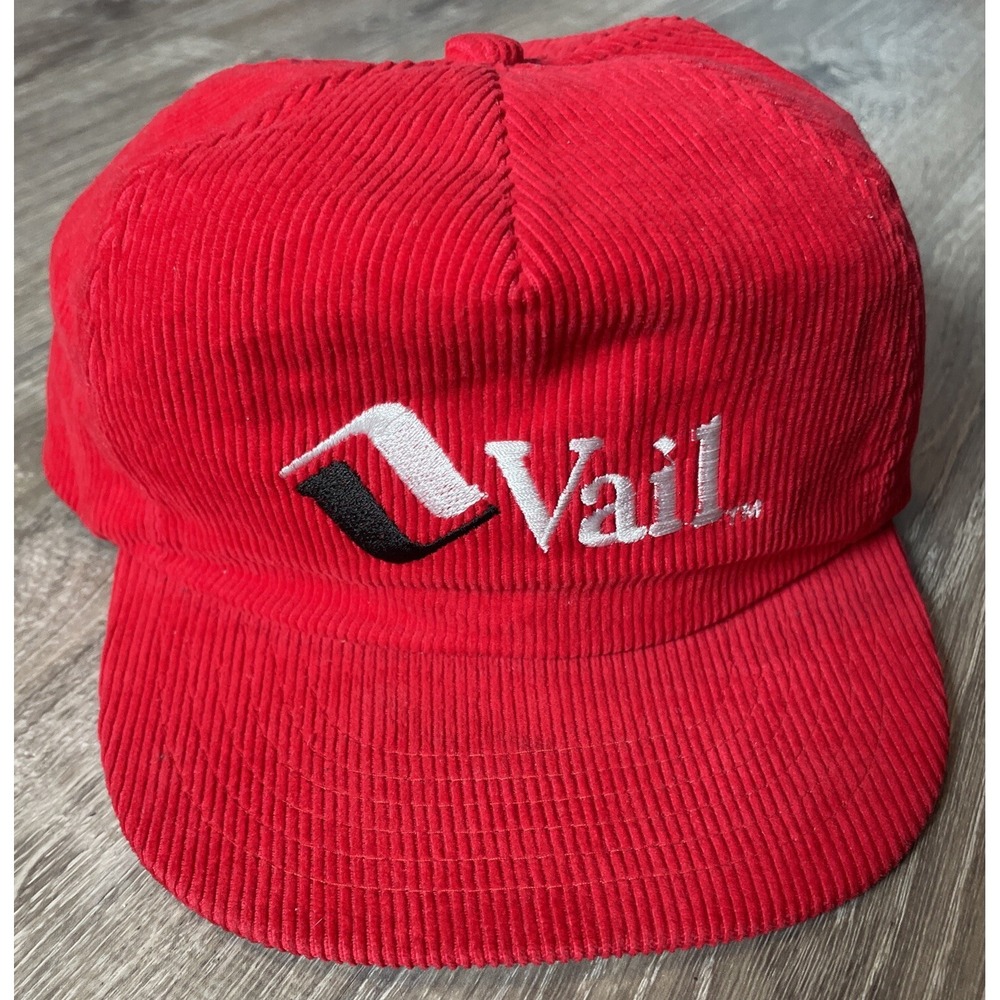 RARE Vintage 80s Vail Ski Resort Colorado Red Corduroy Hat SnapBack USA Cap OSFA